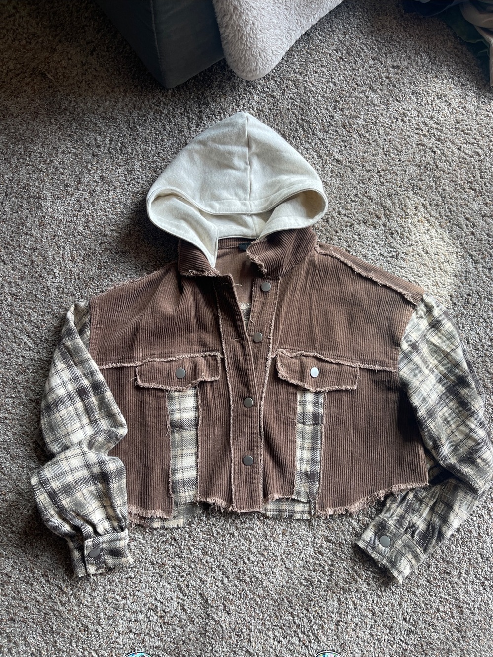 Cropped Brown Corduroy & Plaid Hooded shacket